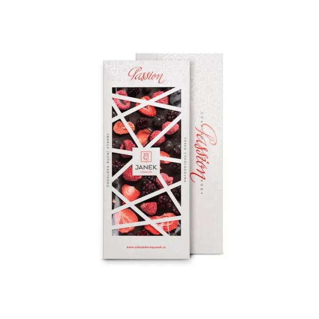 Hořká čokoláda 72% Passion s jahodami, malinami, ostružinami a rybízem